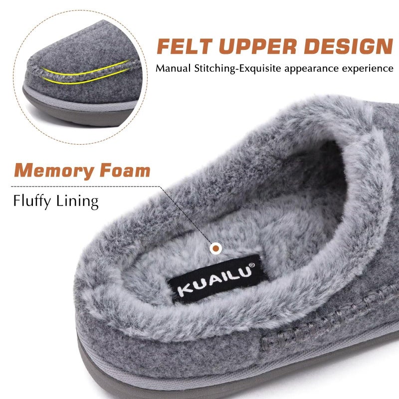 KuaiLu Mens Comfort Memory Foam Moccasin Slippers Slip On House Shoes Warm Plush Fleece Lind With Indoor/Outdoor Rubber Sole Grey Size 6 - Image 5